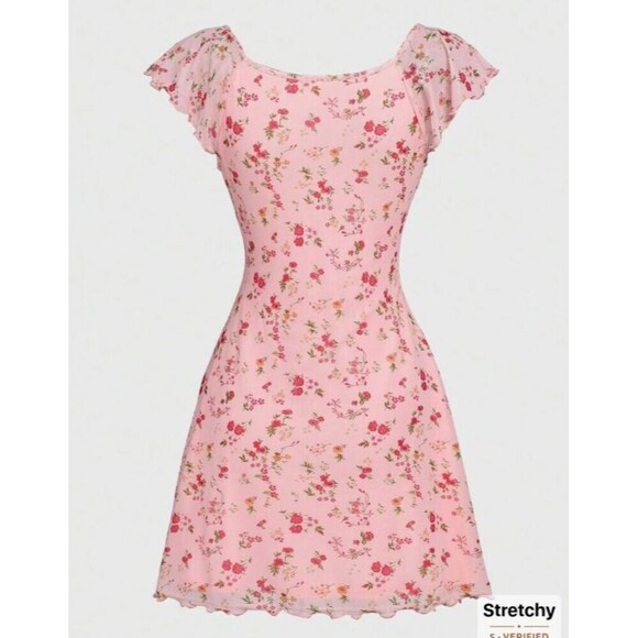 Shein Y2K 90's Babydoll Pink Floral Mini Dress Small (4) Stretchy - Picture 3 of 10